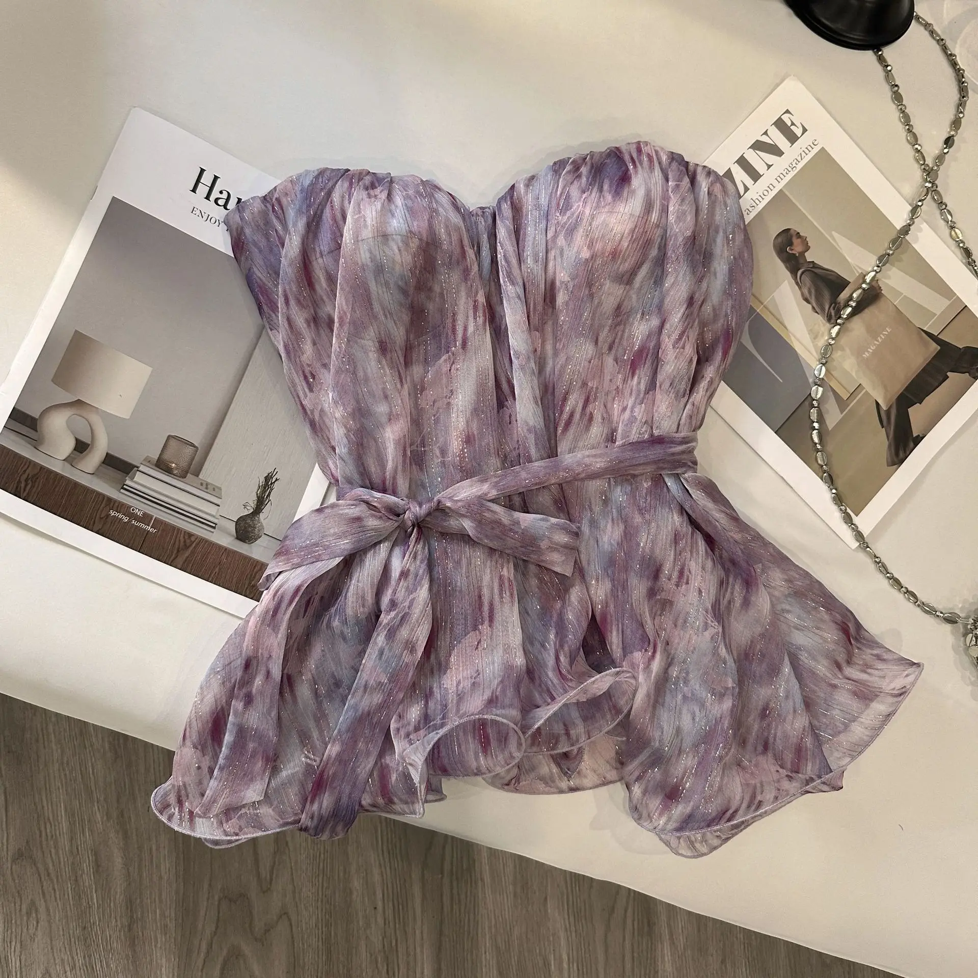 Elegant Purple Strapless Vest Women's Summer New Drawstring Waist Cinching Romantic Feel Top Ultra Thin Knitted Vacation Style