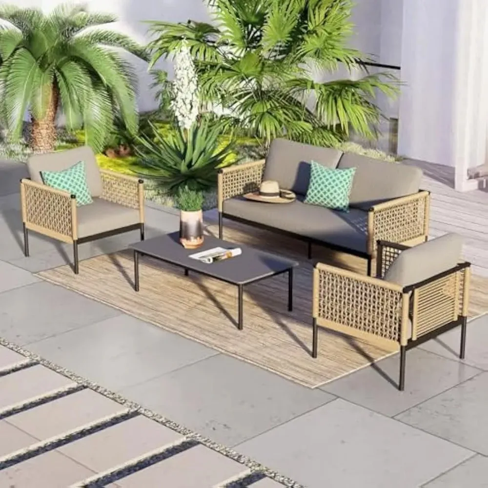 Outdoor 4-Piece Conversation Set Rust Free Patio Furniture Set Open-Weave Wicker Olefin Modern Sofa Seating for Garden, Gray