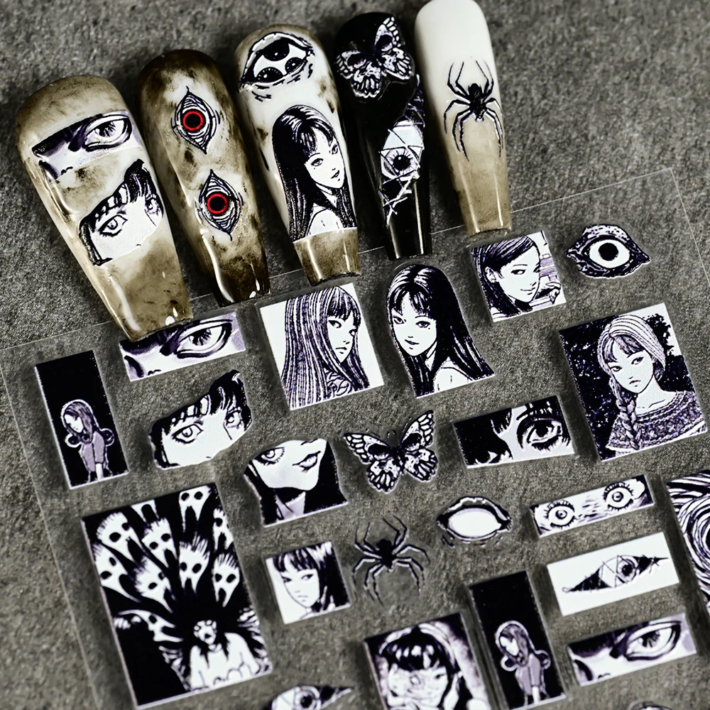 5D Embossed Halloween Girl Nail Sticker Japanese Horror Comics Girls Sliders Sticker Spider/Eyes Anime Character Nail Art Decals