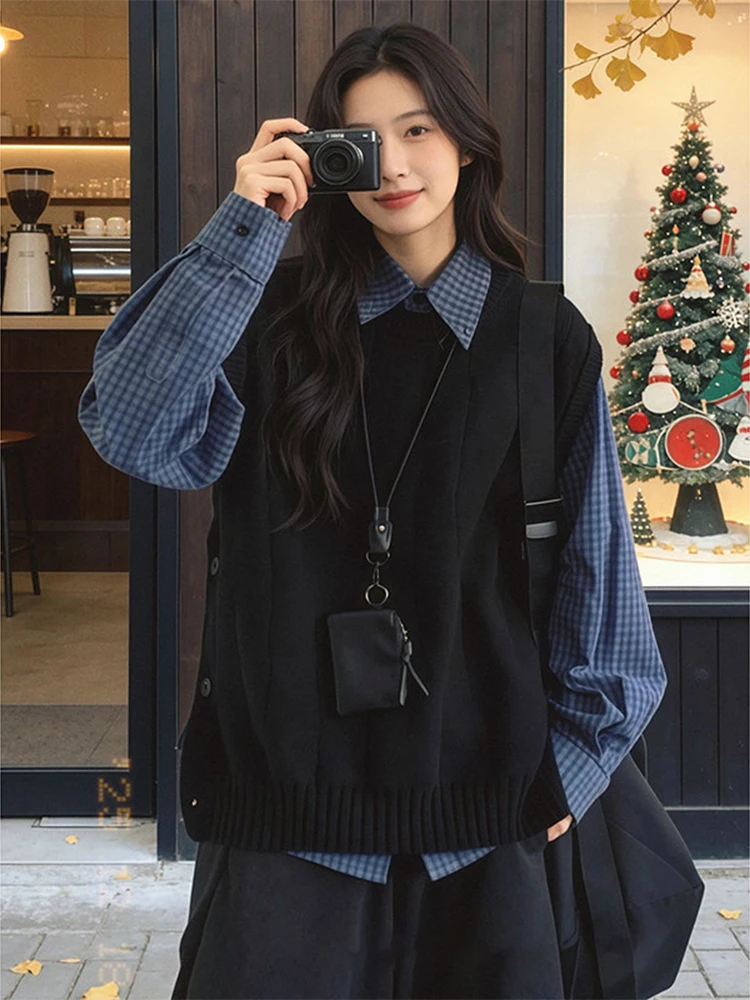 

Retro Bla Japanese Sle Sweater Vest ex Autumn Winter Loose Knitted Top Svel Layering Outerwear Coat