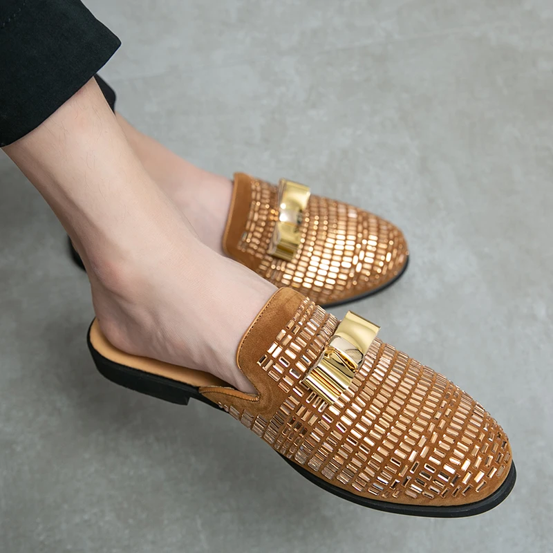 Trendy Brand Men's Comfortable Non Slip Semi Slipper Leather Shoes for Spring New Men's Sequined Breathable Hairstylist Shoes
