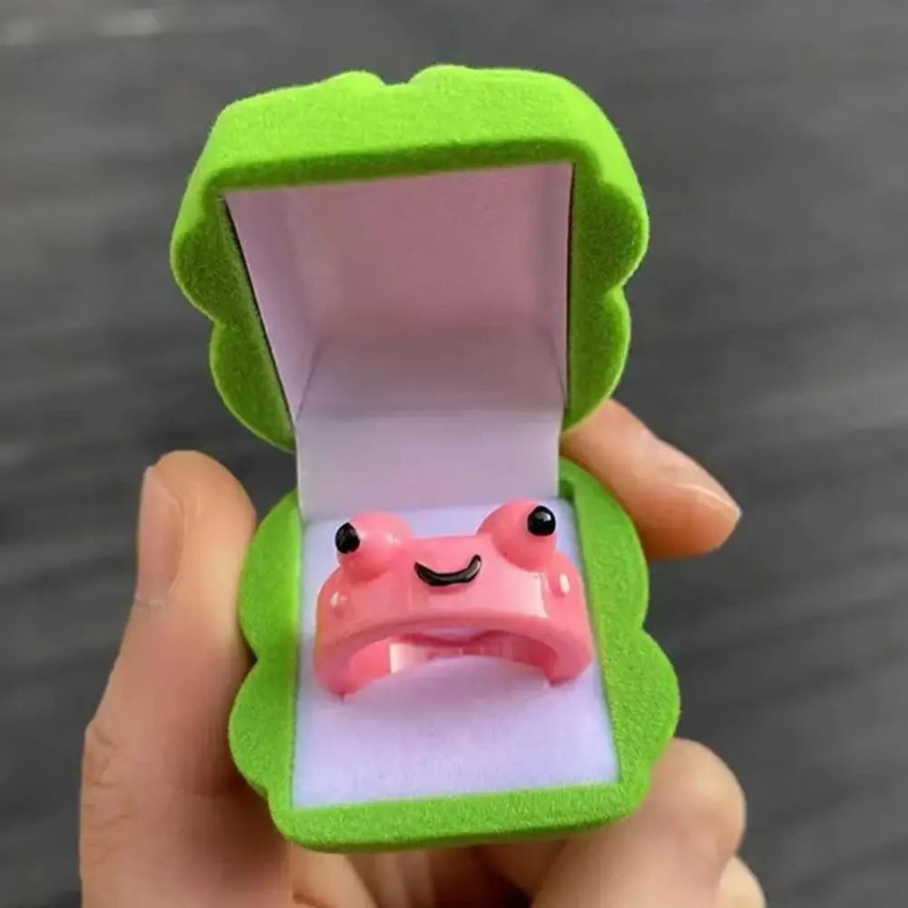 Cartoon Green Pink Frog Rings Display Boxes Cute Acrylic Animal Frog Rings Summer Finger Jewelry Gifts For Couple Best Friends