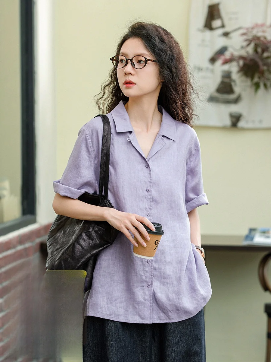 

Original Design Linen Purple Shirt Women Summer Thin Loose Casual Top Turn-down Collar Short Sleeve Blouse Breathable Comfort...
