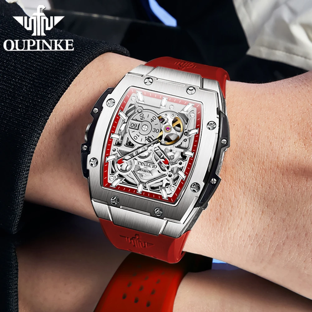 OUPINKE 3213 Men Original Automatic Mechanical Watch High end Luxury Hollow out Silicone Chronograph Brand Waterproof Men Watch