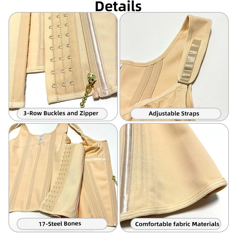 Faja Reductora de Cintura para Mujer con Cremallera y Tirantes Ajustables, 3 Hileras de Ganchos, 17 Varillas de Acero, Control Abdominal Ligero, Moldeador Corporal Diario