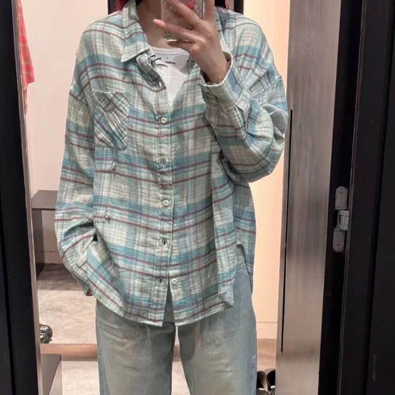 Damen-Hemd mit Karomuster, Oberteil aus weichem Baumwollgarn, modische, lässige, lockere Jacke, hochwertige Baumwollbluse, Frühling, neu, 2025