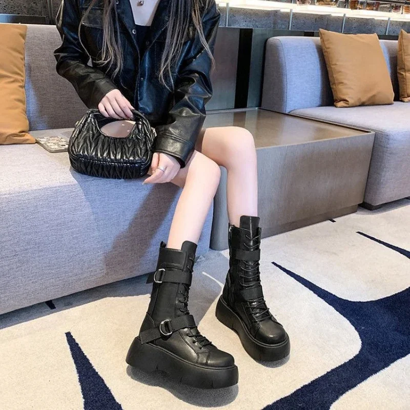 Round Toe Platform Women's Half High Boots on Promotion Trend 2025 Demi-season New Rock Goth Waterproof in Ladies Mid Calf Shoes
