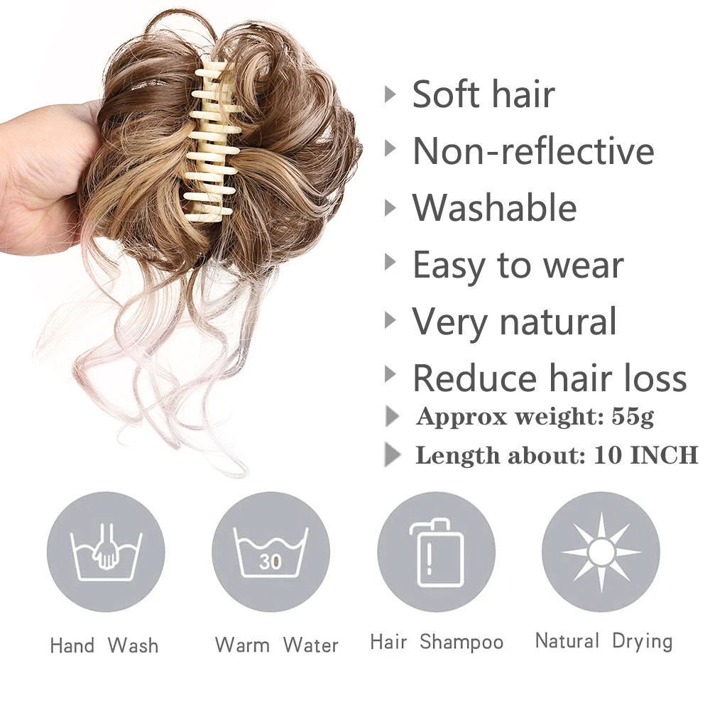 Synthetic Girls Claw Clip-on Hair Chignons Hairpiece Curly Hair Clip Heat Resistant Womens Hair Golden Gray Bun Wigs