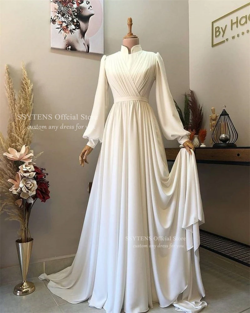 SSYTENS Elegant A Line Wedding Dresses High Neck Long Sleeves Bride Gowns Muslim Pleats Satin Vestido De Novia Customized 2025