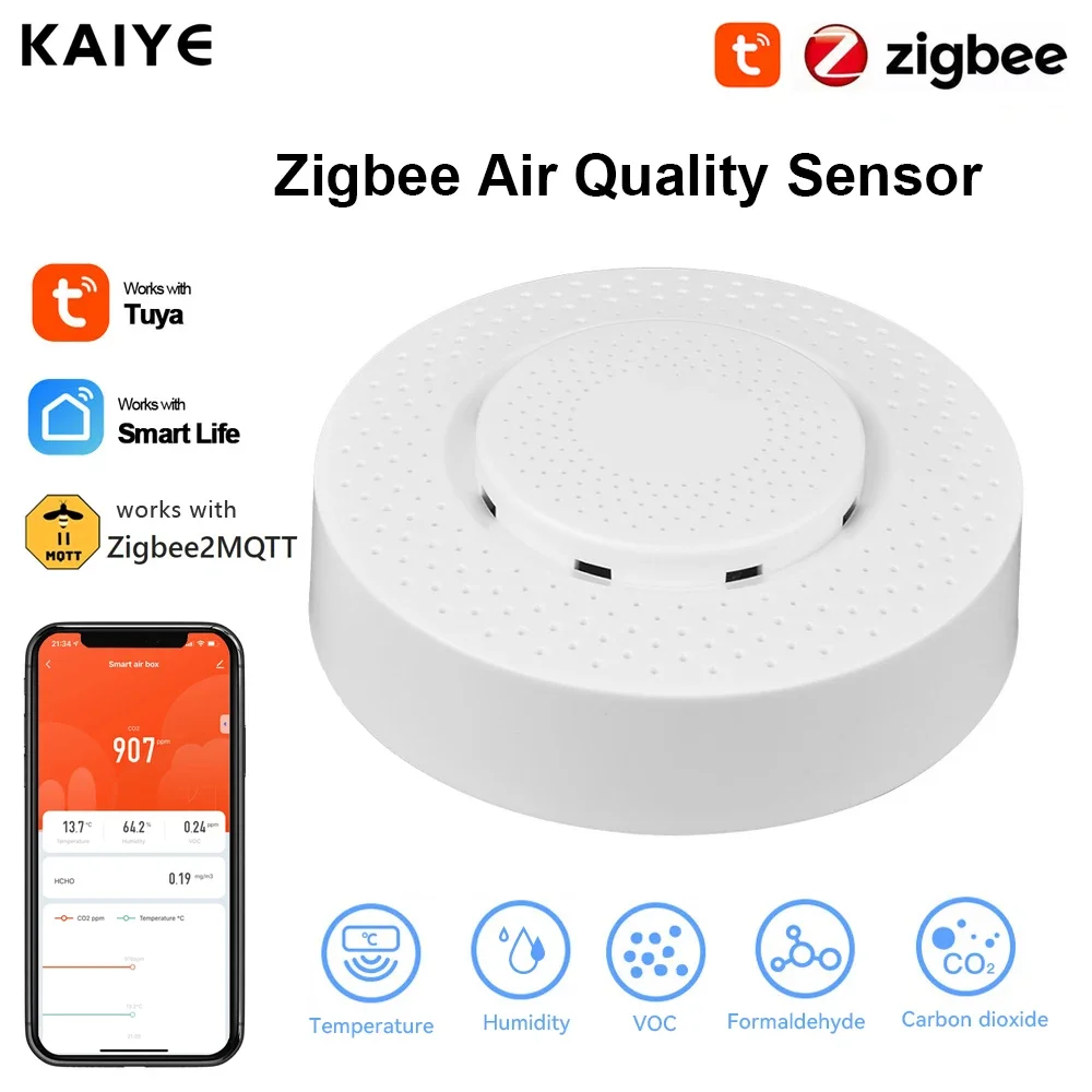 Tuya Zigbee Air Quality Sensor Monitor Meter Co2 Carbon Dioxide Sensor Smart Air Box VOC Temperature Humidity Detector Sensor