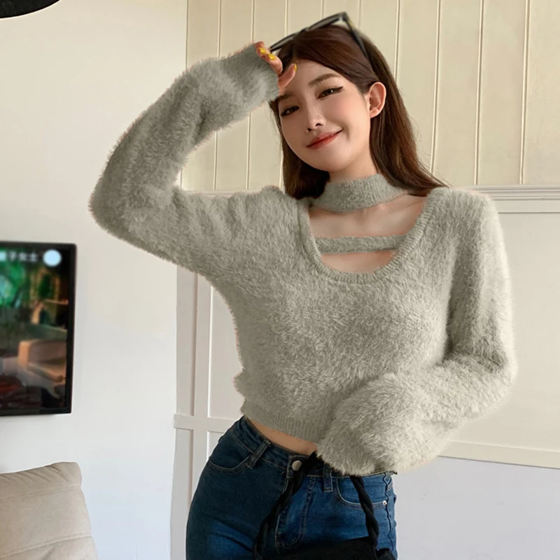 Women's Pullover Keep Warm Feel Imitation Mink fur Sweet Short Style Fashion Plush Sweater Clothing