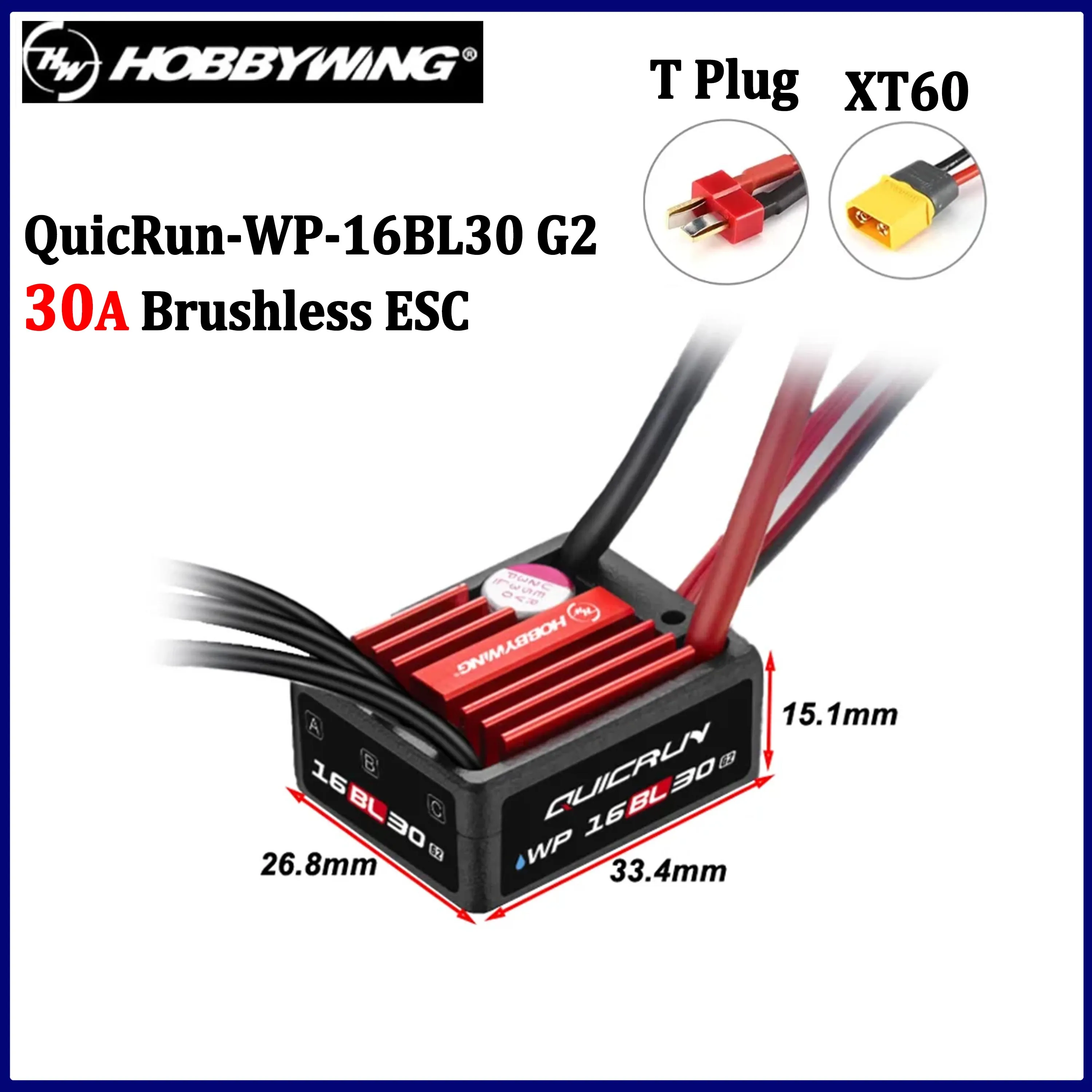 HOBBYWING QuicRun WP 16BL30 30A G2 Waterproof Brushless ESC T/XT60 Plug Speed Controller for 1/16 1/18 Car Buggy Truck Upgrade