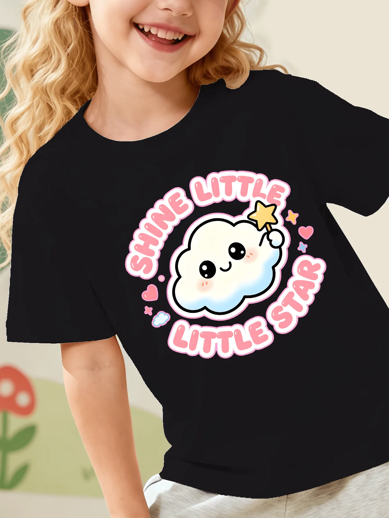 Shine Little Star Kids Tee Cute Cloud Cartoon Slogan Print Boys Girls Matching Cotton Summer Short Sleeve Basic Children Tshirt