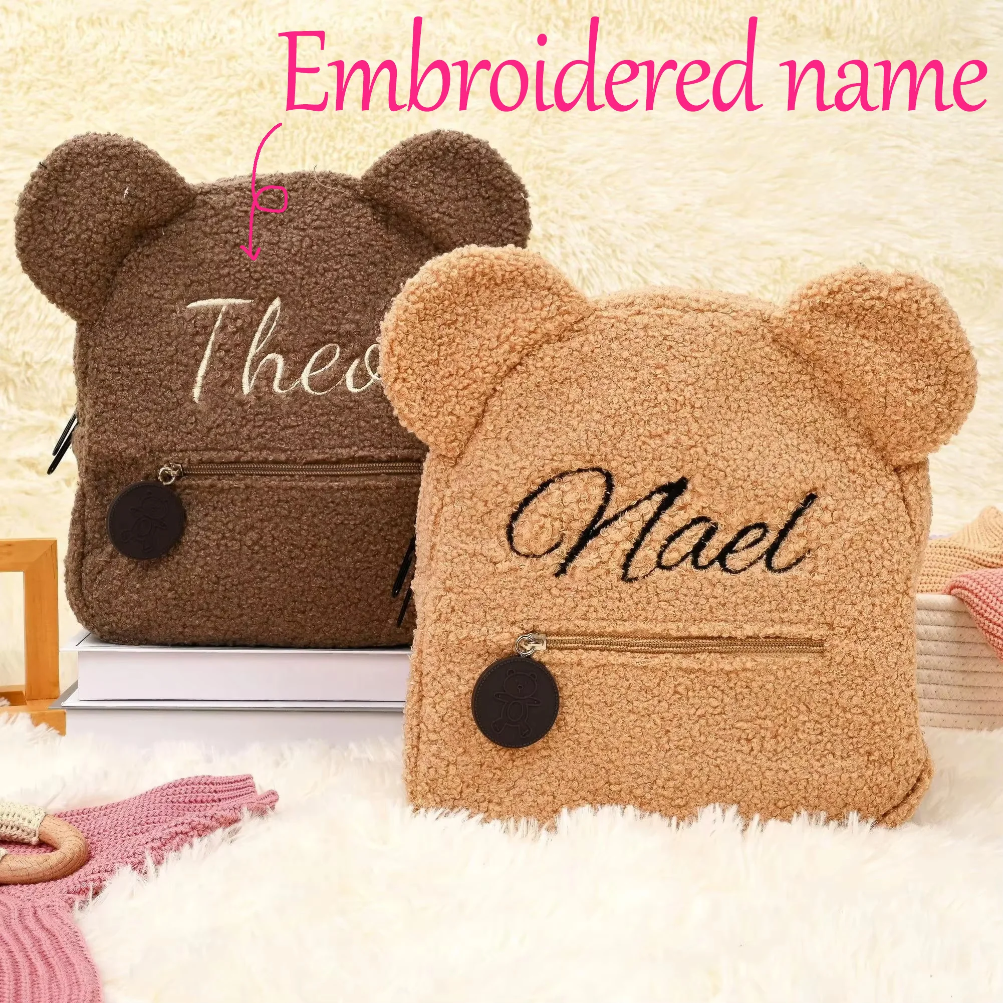 Sac à dos personnalisé en peluche pour enfants, ours en peluche moelleux, nom brodé, sac d'école pour tout-petits, cadeau d'anniversaire parfait pour