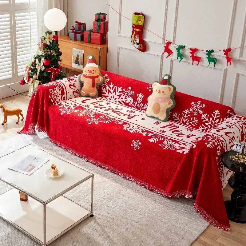 Christmas Red Sofa Blanket Nordic Tassels Throw Towel Four Season Sofa Cover Dustproof Anti-scratch Couch Covers Furniture Cover