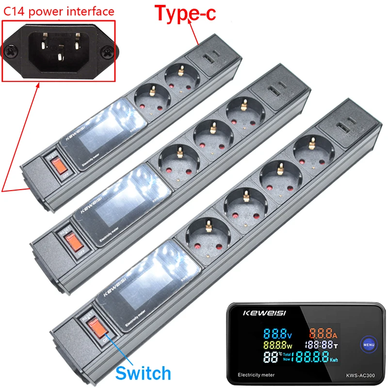 

Power Strip with Switch USB+Type-C Power Energy Volt Watt Kwh Meter 2/3/4/5/6/7/8/9 Universal Socket Extension C14 interface