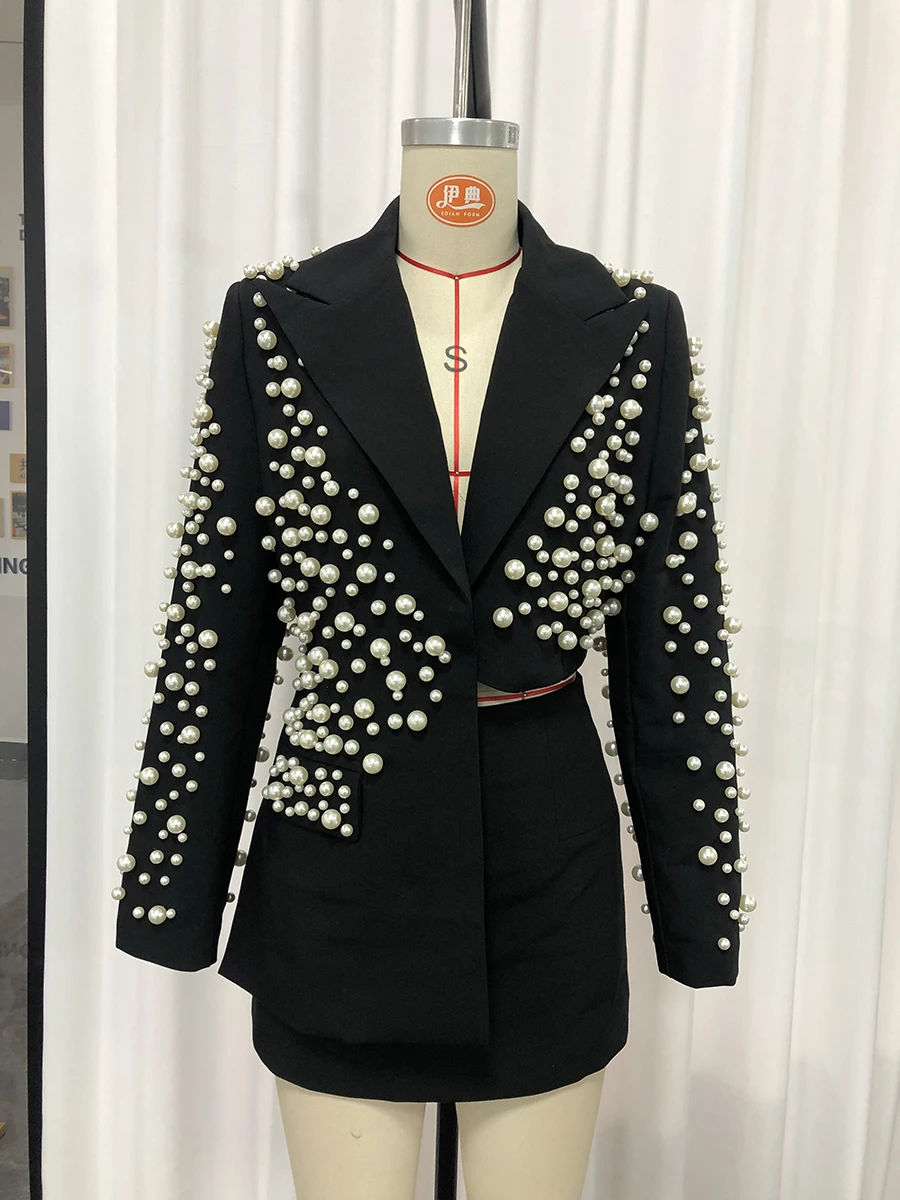 TWOTWINSTYLE Spliced Pearls Two Piece Set for Women Lapel Long Sleeve Irregular Top High Waist Mini Skirt Office Suit Female New - Image 3