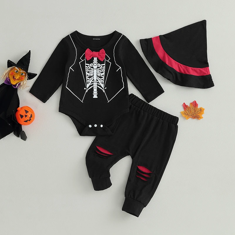 

Toddler Boy Formal Wear Halloween Costume Set with Skeleton Print Rompers Ripped Long Pants Bowtie and Wizard Hat - 3 Piece