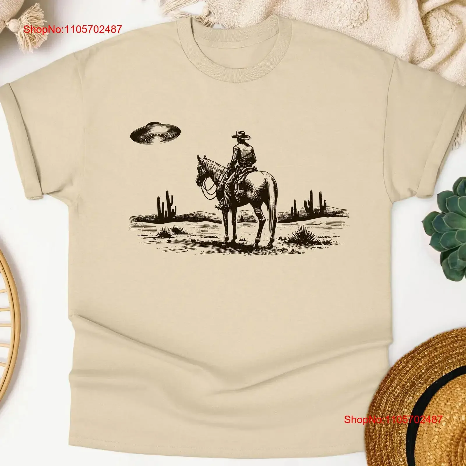 Cowboy Ufo T Shirt Vintage Western Alien Wild WesT Retro SweaT Rodeo vintage Washed Stylish Top For Everyday Wear Comfortable