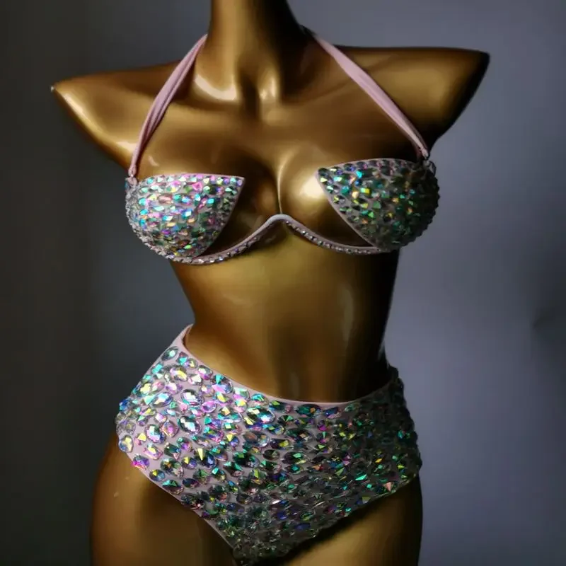 2025 New Steel Holder Hard Cup Bikini, Diamond Swimsuit Two Piece Set Silver Shiny Tassel High Waist Bikini Nightclub Suit