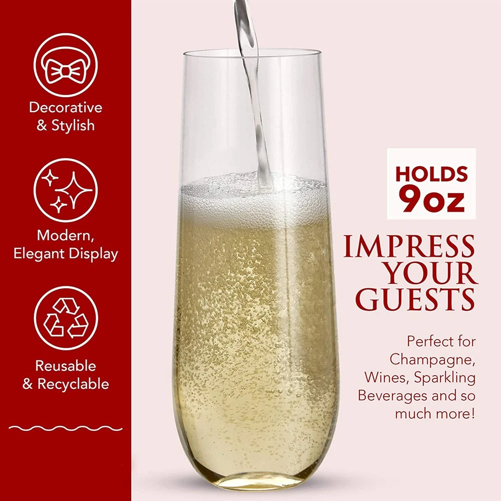BMBY-48 Stemless Plastic Champagne Flutes - 9 Oz Plastic Champagne Glasses Clear Unbreakable Toasting Glasses Disposable