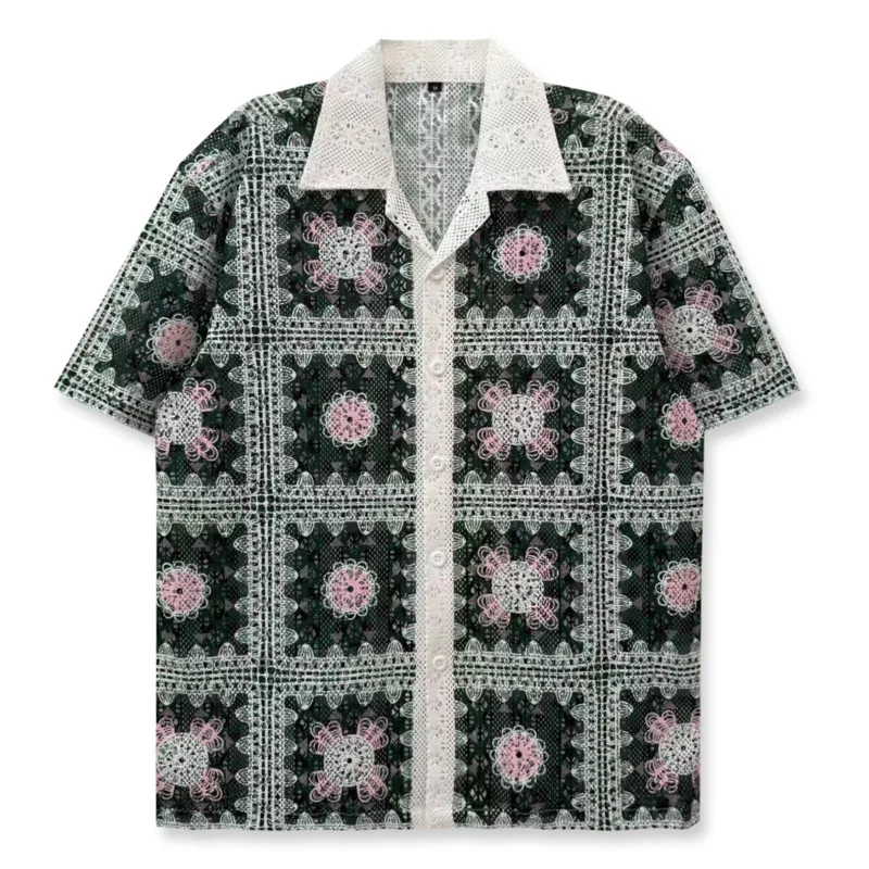 2026 Fashion Grid Club Party Dress See-through Shirts Camisa Hombre Print Men Shirt Social Club Outfits Knitted Shirt For Men
