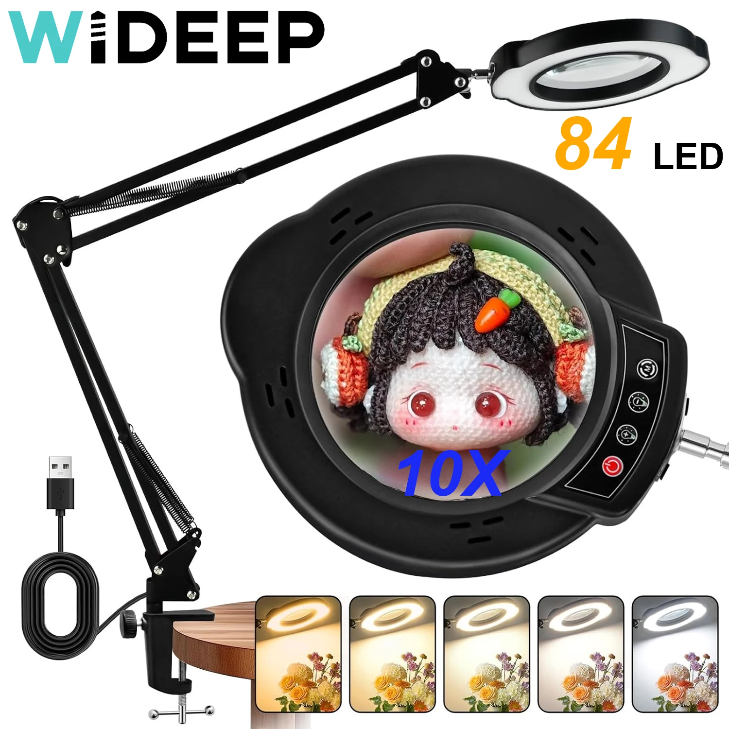 84 LED 10X Magnifying Glass with LED Light Adjustable Swing Arm Magnifier 5 Colors Mode for Soldering Iron Craft Repair Work