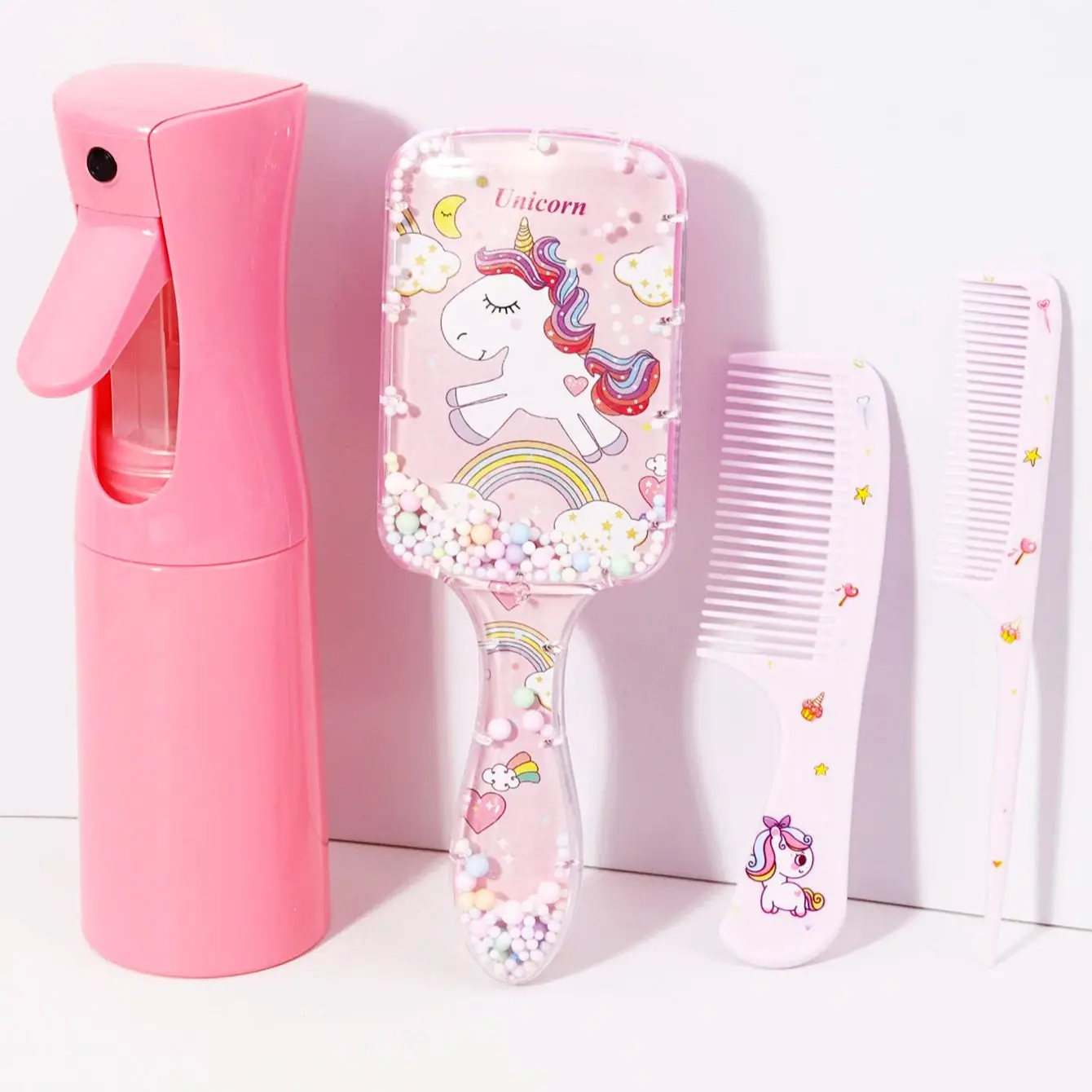 مجموعة تصفيف الشعر مكونة من 4 قطع، وزجاجة رذاذ سعة 200 مل، وفرشاة شعر مربعة بنمط كرتوني لطيف ومشطين، خاصة بشعر مستعار حقيقي #1