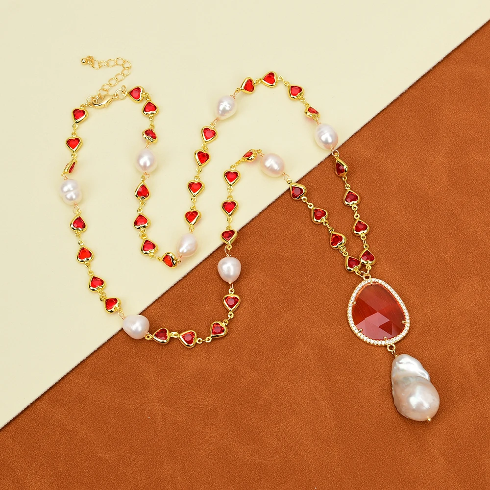 

GG 26'' Cultured White Rice Pearl Red Crystal Chain Necklace Orange Cat eye Baroque Pearl Pendant