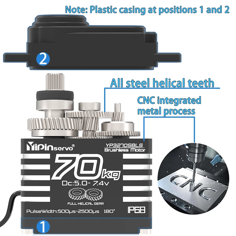 Servo motore brushless controllabile con angolo di 180 gradi, ingranaggio in acciaio servo digitale impermeabile IP68 da 70 kg per robot auto RC