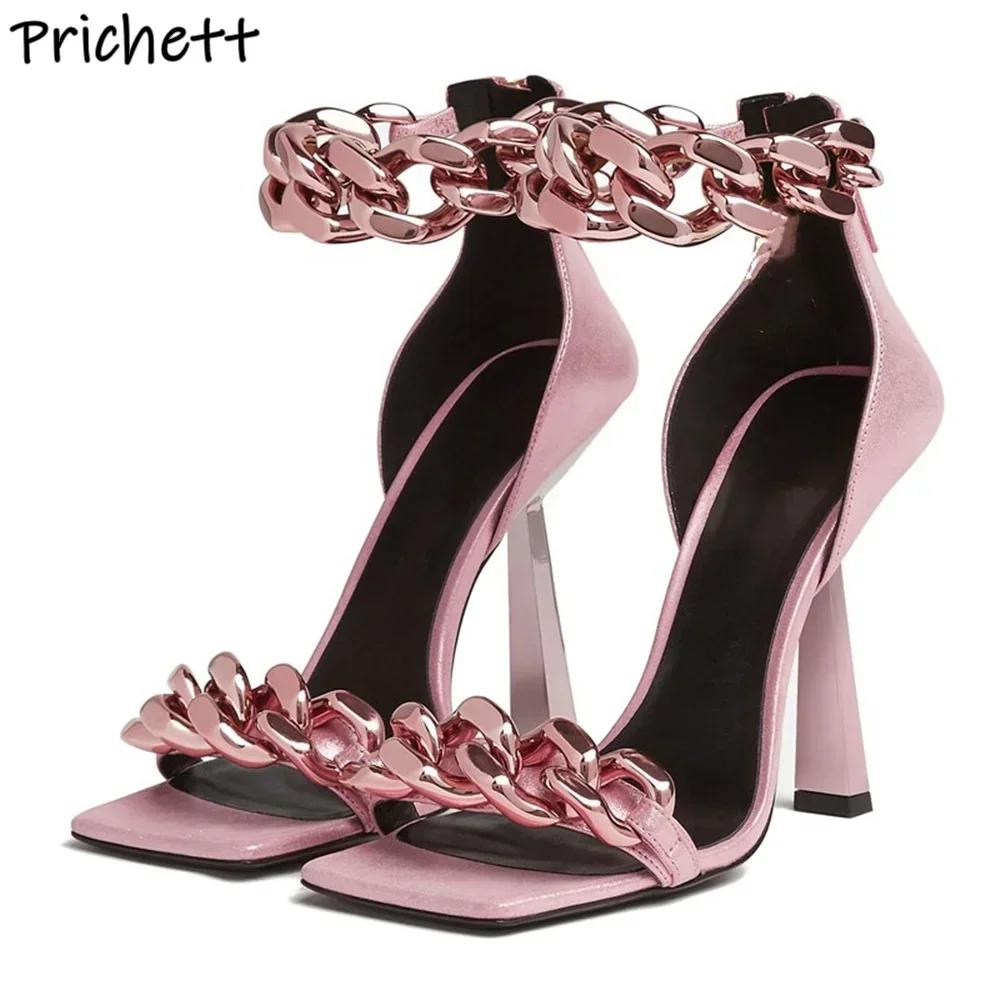 Metal Ring Chain Sandals Straight Strap Thin Heels Zipper Ankle Band Square Toe Shoes Solid Black Shoes Women Fashion Sexy Shoes