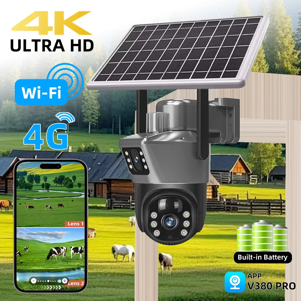 

V380 Pro 4K 8MP 2 Lens 4G Solar Camera Outdoor PIR Night Vision IP66 Low Power Battery CCTV Security IP Camera