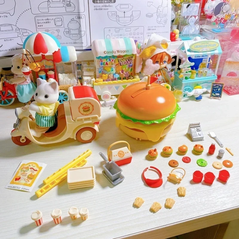 New Sylvanian Families Action Figures Ternurines Anime Hamburg Takeout Car Park Small Stall Car Decoration Birthday Gift For Kid