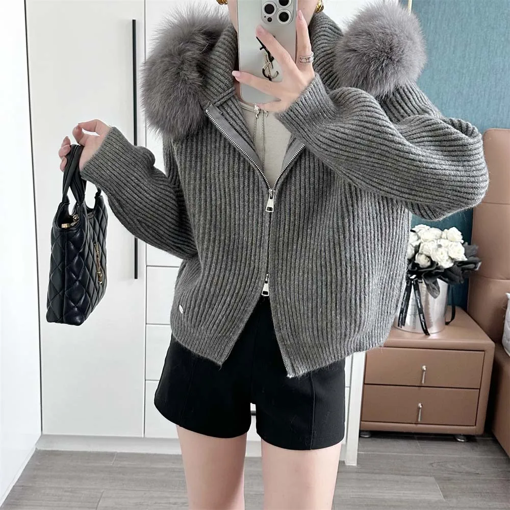 2025 المرأة ريال فوكس الفراء طوق معطف سترة فضفاضة مقنعين الثعلب الفراء الديكور سترة ملابس خارجية معاطف الإناث