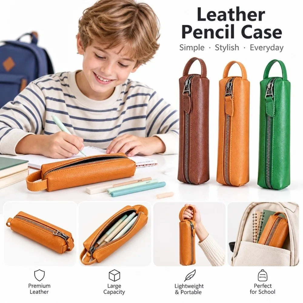 Gifts PU Leather Pen Pouch Single Compartment Zipper Closure Pencil Case Wrist Loop Waterproof Pen Bag Student
