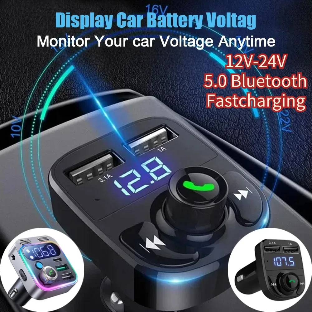 Car Bluetooth 5.0 FM Transmitter PD Type-C Dual USB 3.1A Fast Charger Colorful Ambient Light Handsfree MP3 Modulator Player