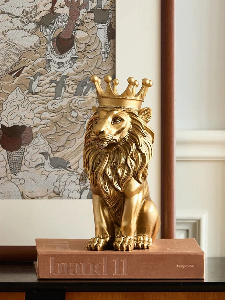 Home Decor Golden Lion Art Sculpture Ornament Resin Figurine Living Room Entrance Wine Cabinet Desktop Statuette Decoration Gift