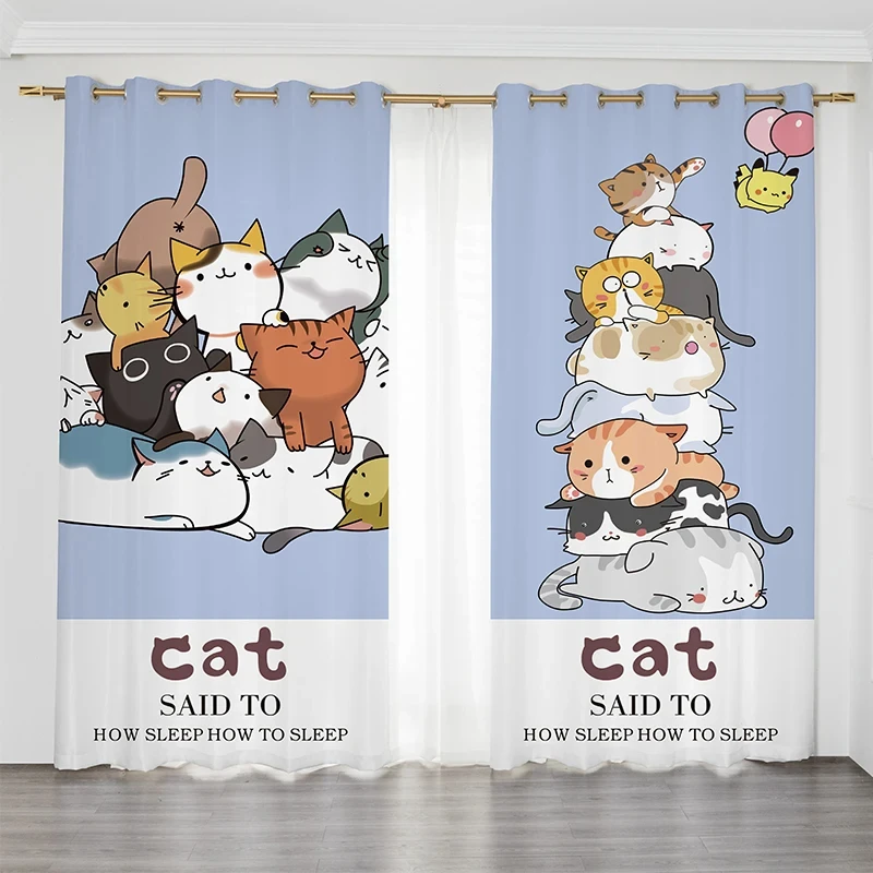 Nordic Minimalist Cute Cat High Shading Curtain Couple Bedroom Personality Creative Blackout Drape Grommet Top Hook Installation