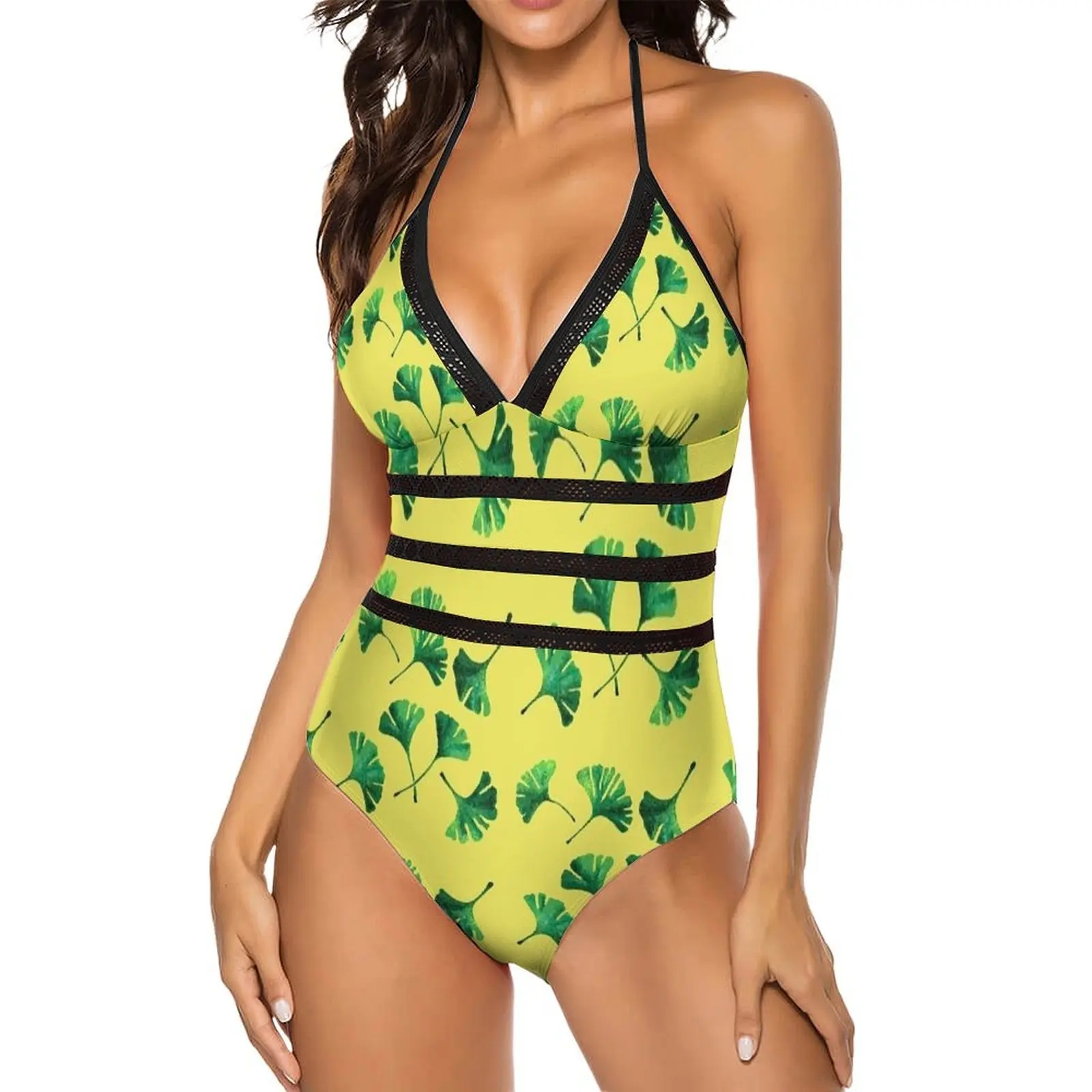 Ginkgo Green Watercolor Leaves Swimsuit One Piece Swimwear Push Up Swim Bathing Suits Backless Graphic Bodysuit Beach Outfits