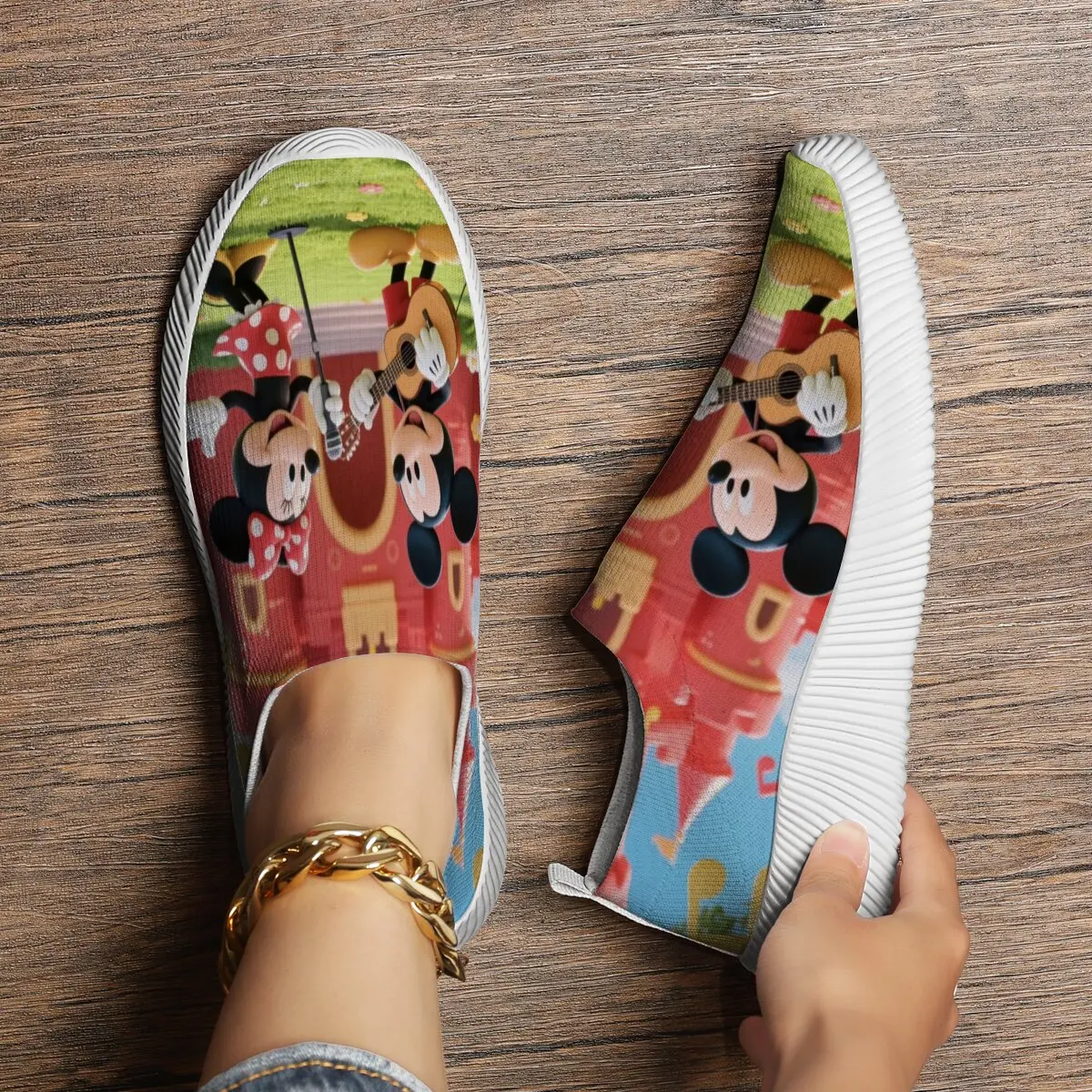 أحذية نسائية كاجوال مسطحة ميني ماوس مطبوعة سهلة الارتداء أحذية رياضية كاجوال مريحة وخفيفة الوزن للأطفال حذاء ميكي ماوس