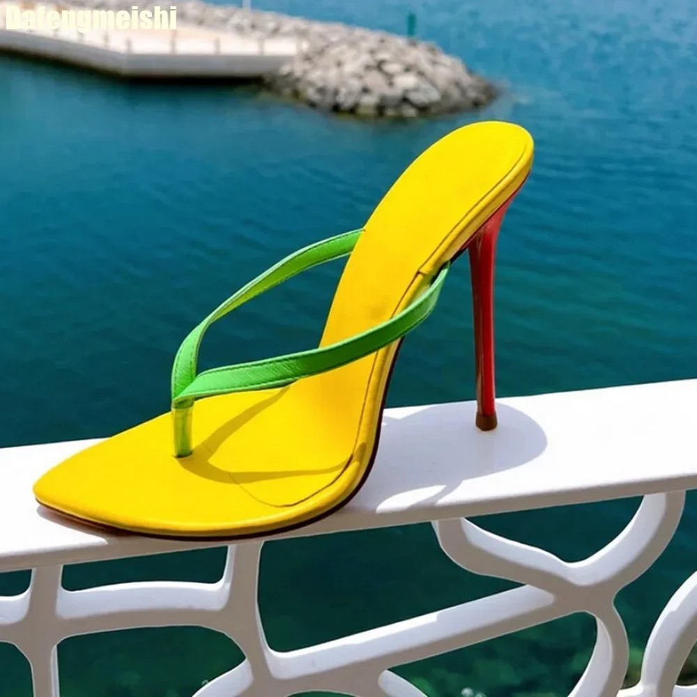 

2025 Summer New Open Toe Color Matching Stiletto High Heel Flip Flops Fashion Clip Toe Pointed Toe Slip On Size 34-45 Sandals