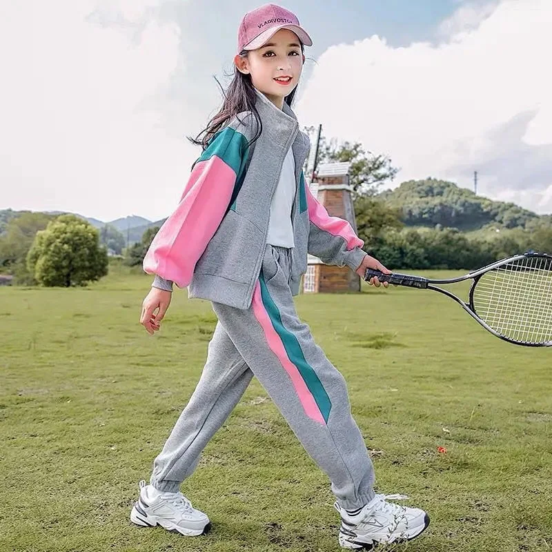 Teenagers Girls Clothing Set Spring Autumn Patchwork Long Sleeve Zipper Coat+Pants 2Pcs Suit For 5-14Y Kids Sports Outfit