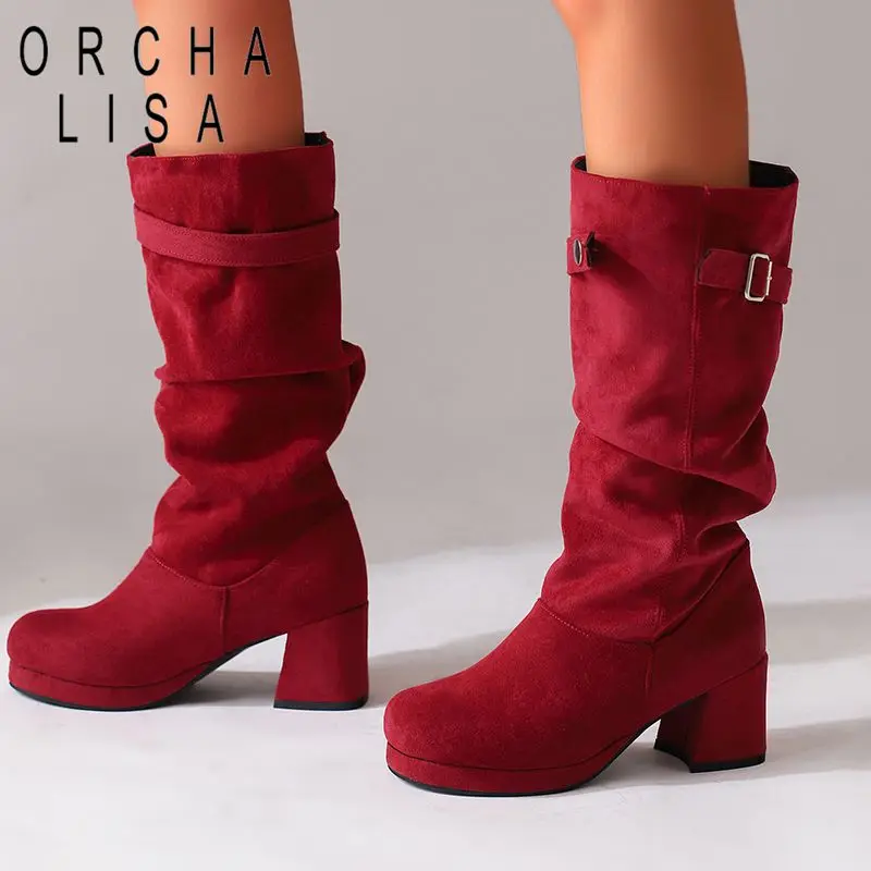 

ORCHA LISAFashion Замшевые женские сапоги до середины икры из флока с круглым носком 6,5 см 1,5 см Платформа без шнуровки в складку Большой размер 46 47 48 Коричневый