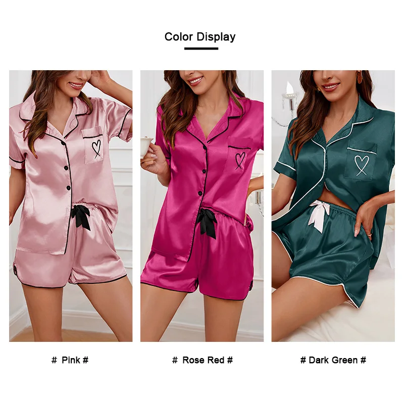 Women\'s Pajama Lounge Set Summer Heart Embroidered Pocket Patched Short Sleeve Shirt & Shorts Pajamas 2 Piece Set Pyjama Femme