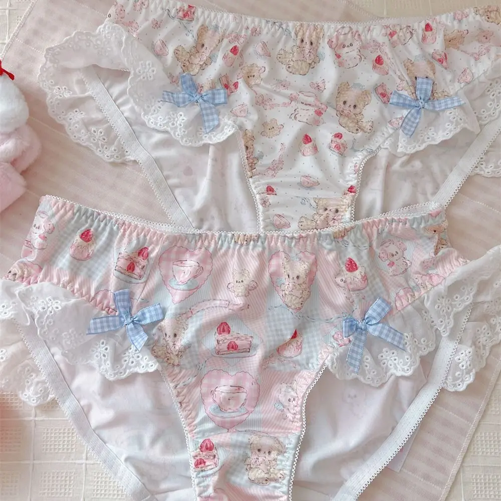 

Fashion Dot Bowknot Bear Panties Cartoon Lolita Lace Bow Briefs Underpants Low Waist Ruffle Panties Women Daily