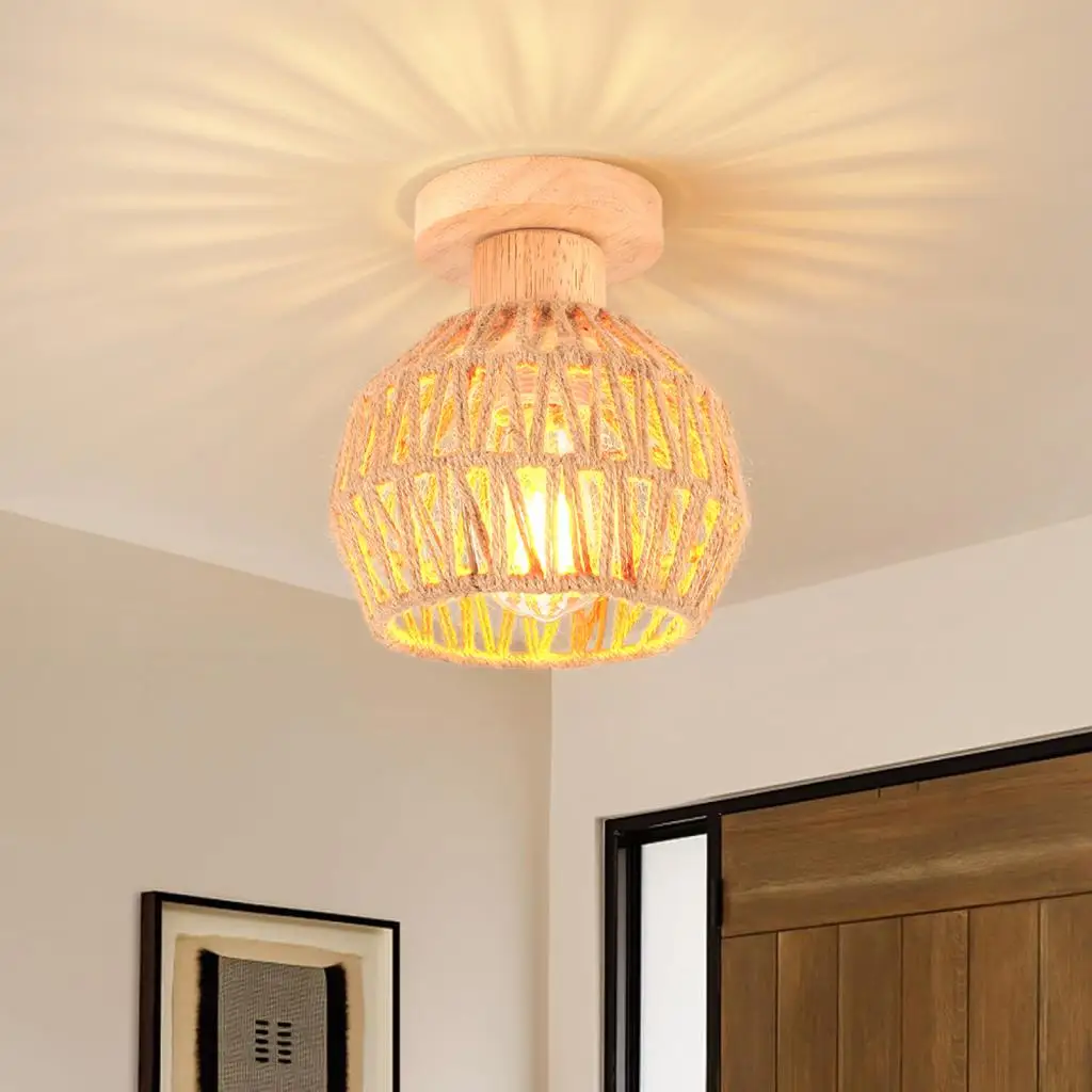 

Vintage Hemp Rope Woven Ceiling Chandelier Handmade Rattan Ceiling Lamp Fixture Weaving Home Living Room Decor Ceiling Light
