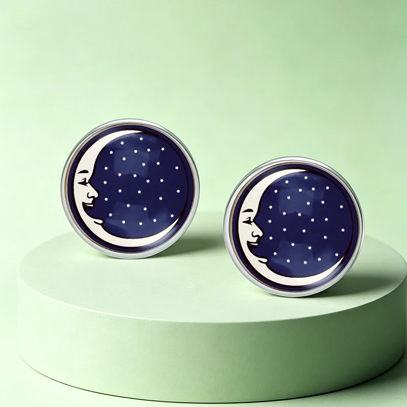 Vintage Man In The Moon Starry Sky Round Glass Stud Earrings Celestial Jewelry For Women Halloween Witchy Gift