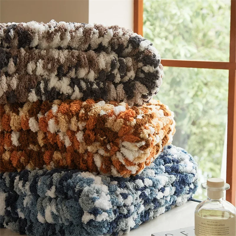 Chunky Hand-Knit Ombre Sherpa Fleece Blanket Boho Modern Sofa Couch Cover Luxury Soft Yarn Throw for Bedroom Decor