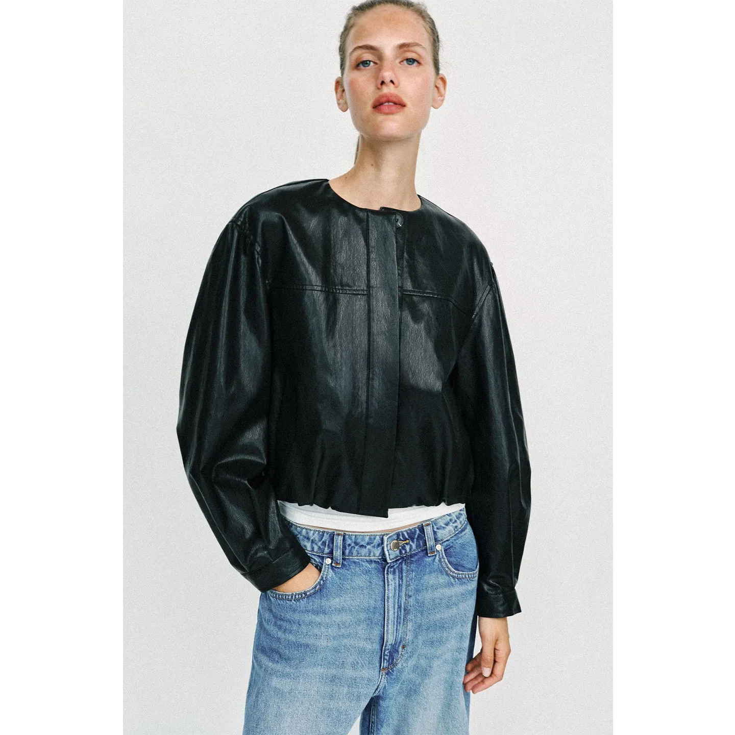 Summer New Women's round Neck Long Sleeve Puffy Elastic Hem Single Row Multi-Buckled Jacket Outerwear Standard Fit Commute Style
