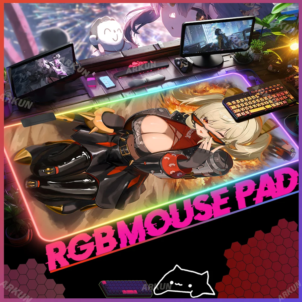 RGB Mouse Pad Gaming Kawaii seksi Burnice putih populer zona Zenless Zero alas Mouse Gaming LED Keyboard komputer XXL lampu latar alas meja